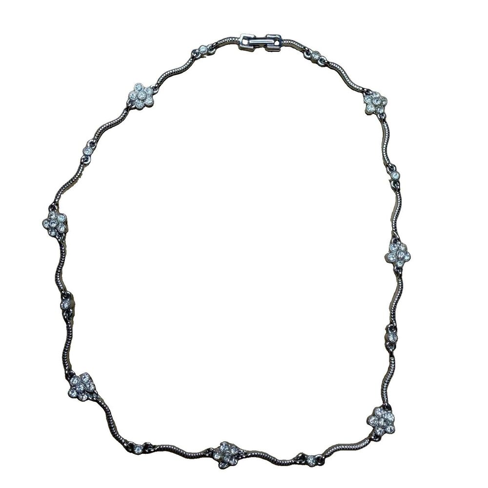 Vintage Silver Tone Clear Rhinestone Flower Vine Link Collar Necklace 17" SP